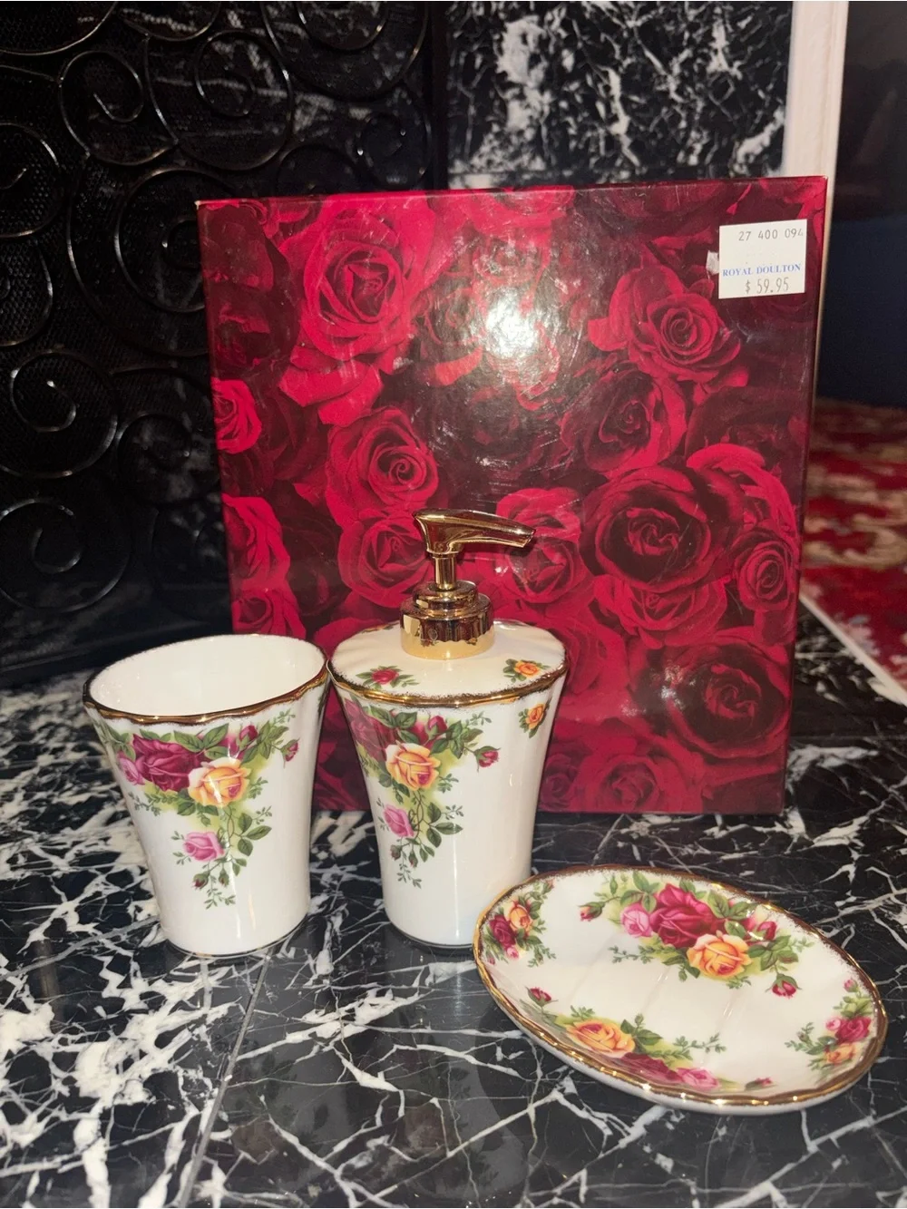 Royal Albert Floral Porcelain Bath Set - White with Pink, Yellow & Red Roses